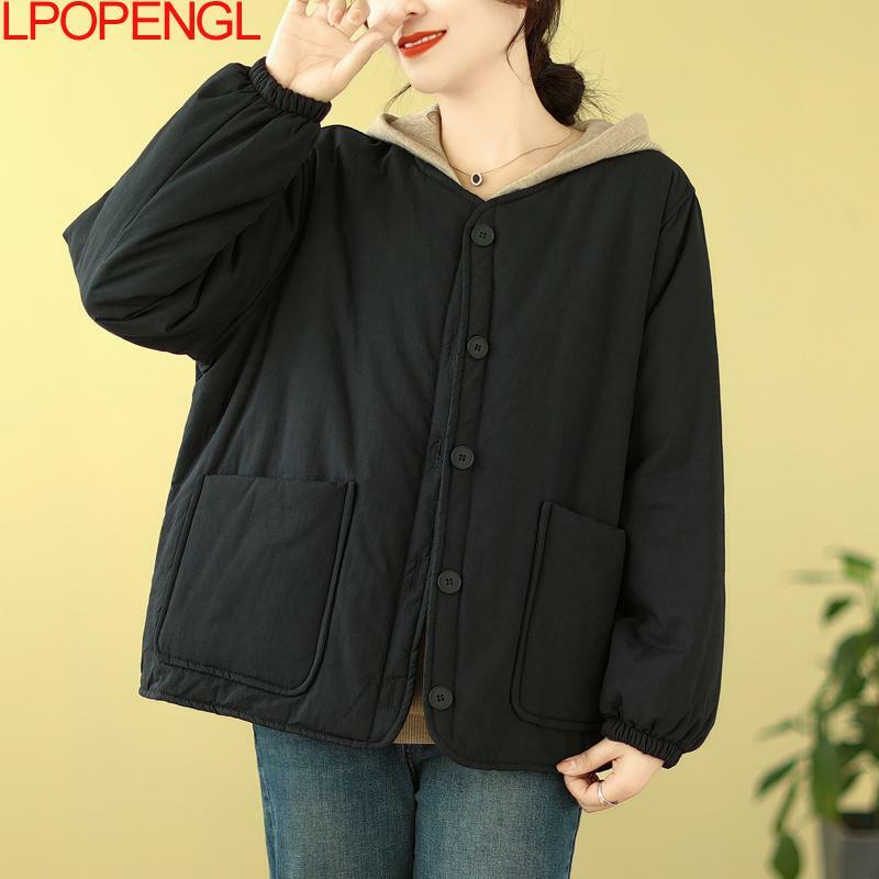 Fashion Solid Color Literary Winter Warm Single Breasted Jacket Women's Loose Versatile Long-sleeved Vintage Cotton Coat