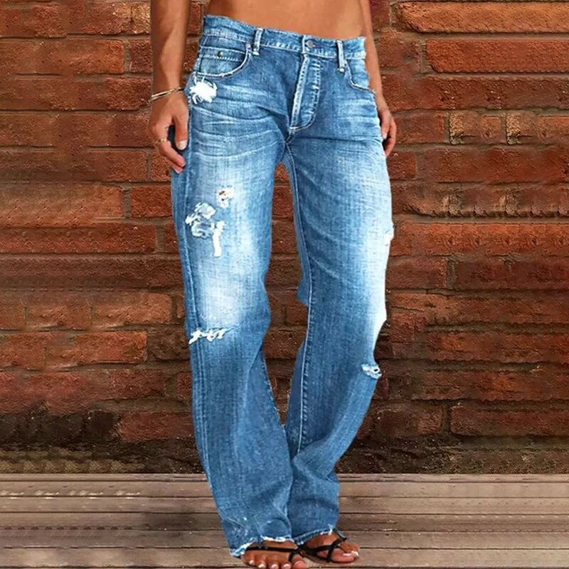 Celana Denim Capris 2024 wanita robek Vintage pinggang tengah lurus celana kaki lebar Jeans celana panjang bekerja Jeans biru musim panas