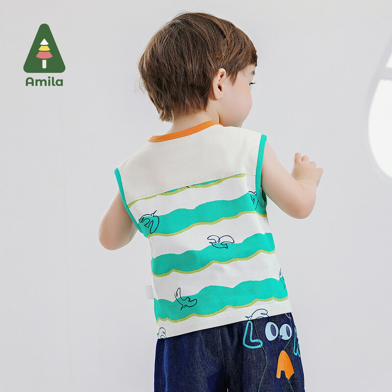 Amila 2024 Summer New Boys Top Color Contrast Striped Sleeveless Vest Cartoon Print Cotton High Quality T-shirt