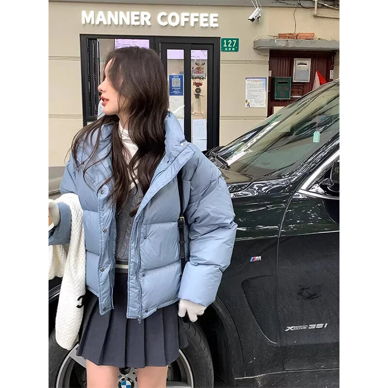 Krótkie parki kobiet Streetwear przycięty płaszcz koreański słodki kurtka pikowana zimowy jednokolorowa na co dzień wszystkie pasujące bawełniana watowana odzież na zewnątrz