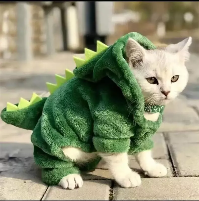 Ropa de Halloween para perro y gato, disfraz de dinosaurio divertido, abrigo cálido de invierno, sudaderas con capucha de lana para perros pequeños