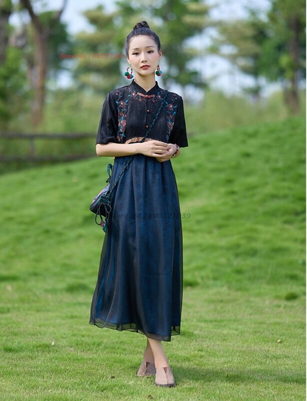 2024 gaun vintage tradisional Cina gaun hanfu bordir bunga nasional gaun patchwork satin retro gaun a-line oriental