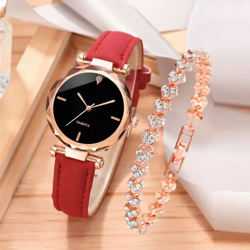 女性のための2つの豪華なファッション時計のセット,puレザーストラップ,クォーツ腕時計,ラインストーン,ゴールド,シルバー合金
