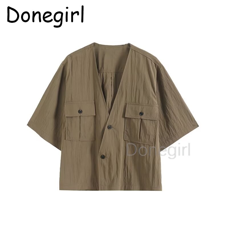 Donegirl Women's 2024 Summer New Casual Pocket Blousas Decoration Temperament Elegant V-neck Short-Sleeved Shirt Jacket