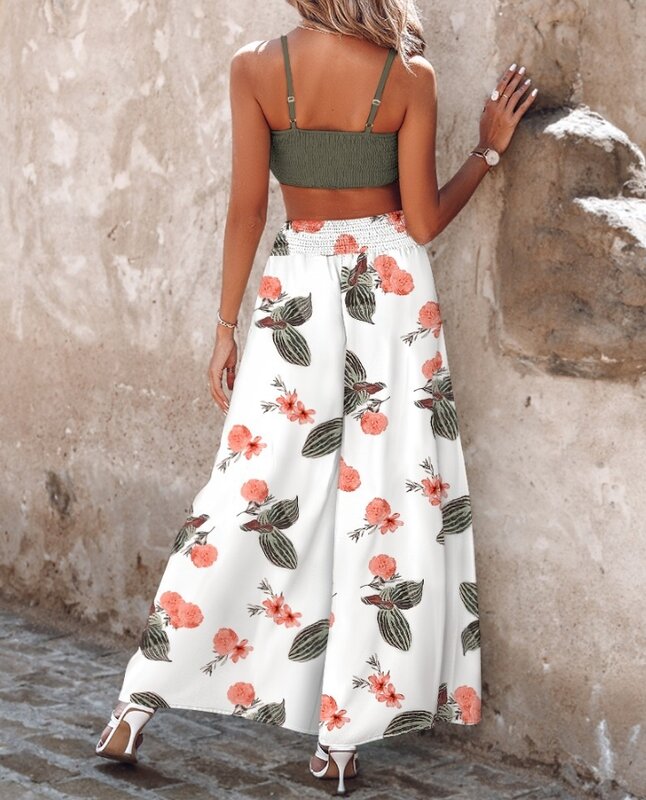 2024 Women's Short Tank Top with Strapless Shirred Cami Top&tropical Printed Wide Leg Pants High Waisted Long Pants Set
