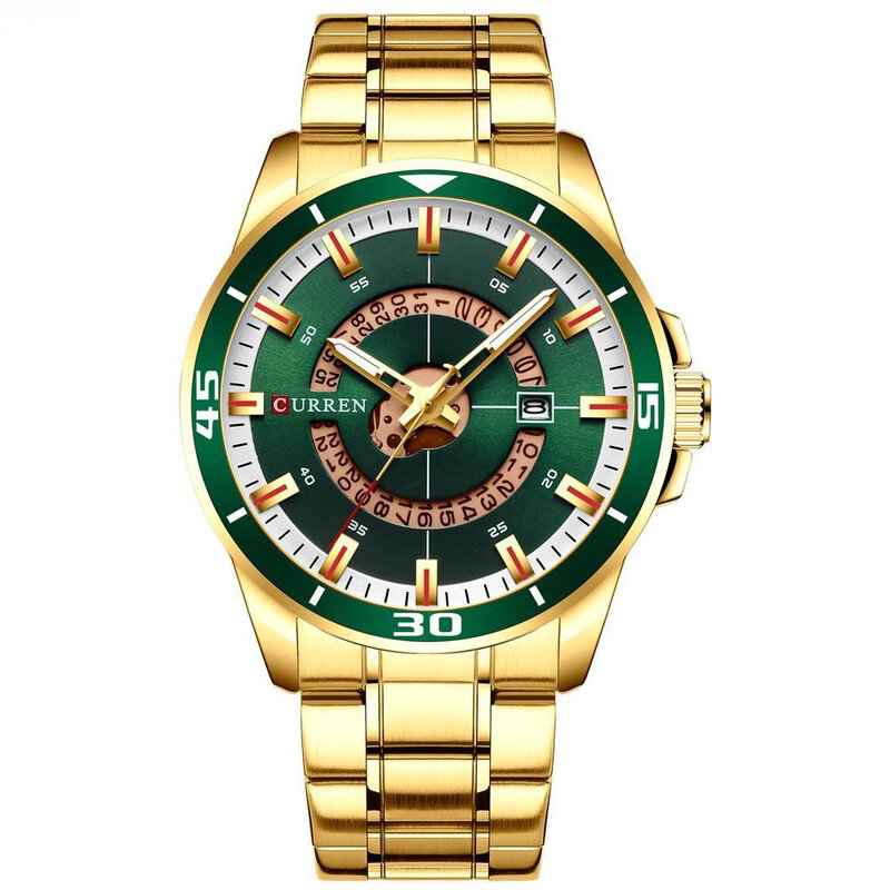 Relógio de quartzo masculino, aço inoxidável, dourado, com brilho de data, à prova d'água, multifuncional, para lazer, negócios, 8359