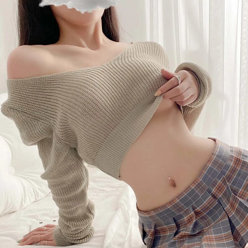 女性のための長袖のショートトップ,裸の肩のセーター,エロティックなコスチューム,誘惑のためのknitwear,コスプレ