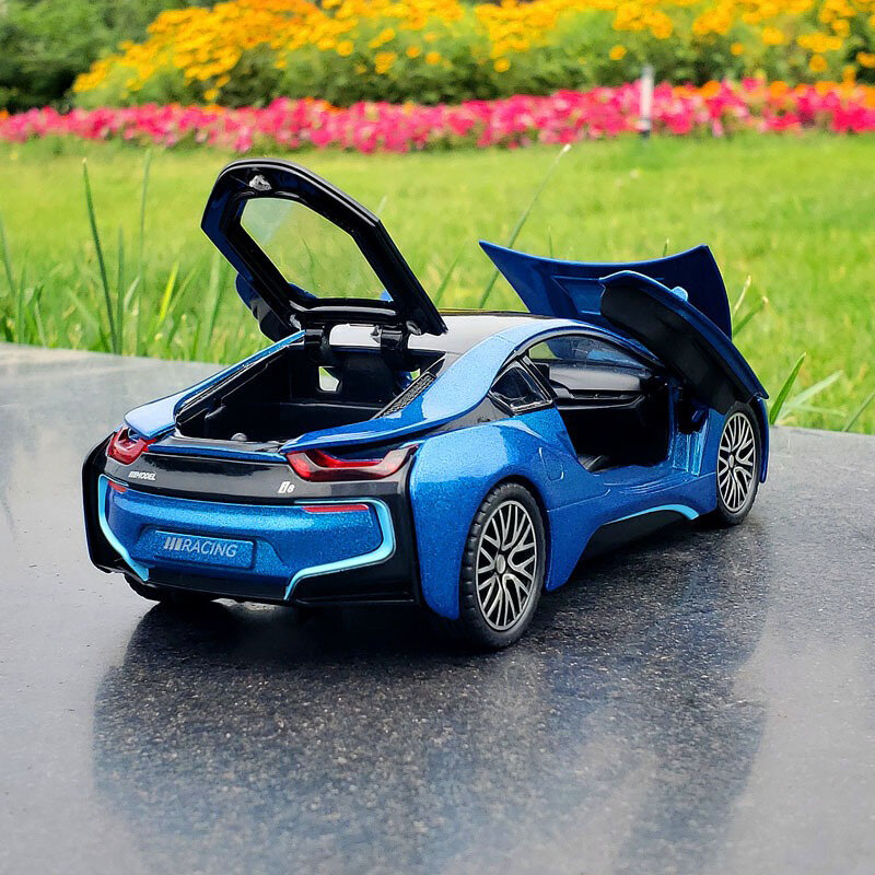 Modelo de coche deportivo de aleación i8, vehículo de carreras de Metal fundido a presión, simulación de coche, luz de sonido, juguetes para niños, regalo, 1:32, nuevo