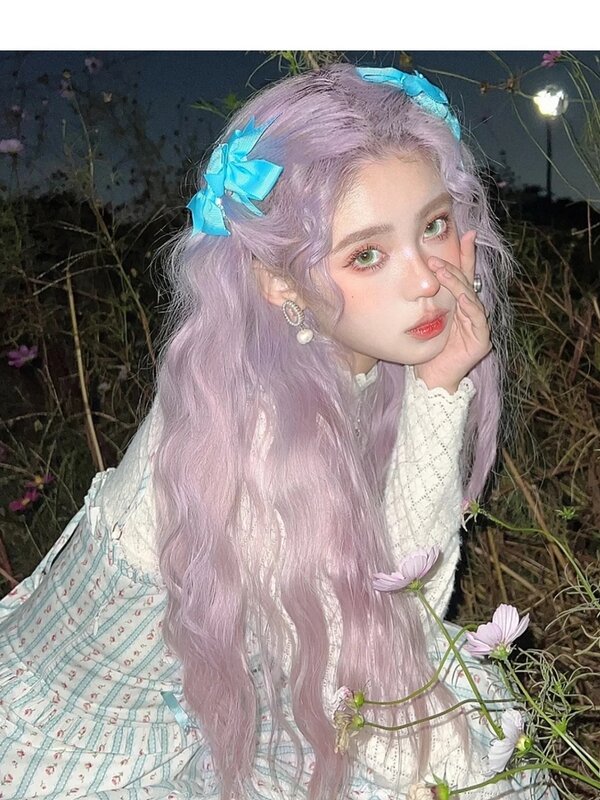 Серовато-фиолетовый парик для косплея маленькие завитки средняя и большая волна Лолита розовые длинные вьющиеся волосы восьмисловая челка