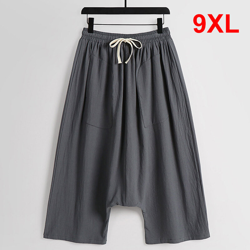 Calça de linho com comprimento de bezerro masculina, fundo monocromático, calça cruzada casual, tamanho grande, moda masculina, verão, 9XL