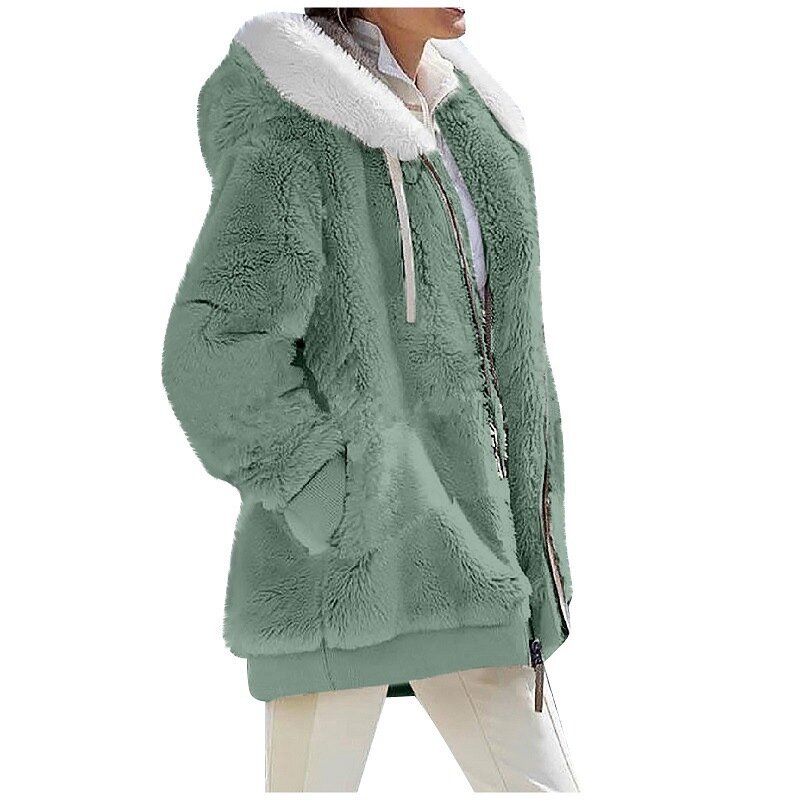 VOLALO-Casaco de caxemira com capuz feminino, jaqueta de lã com zíper, roupas casuais para senhoras, casacos monocromáticos, inverno e outono