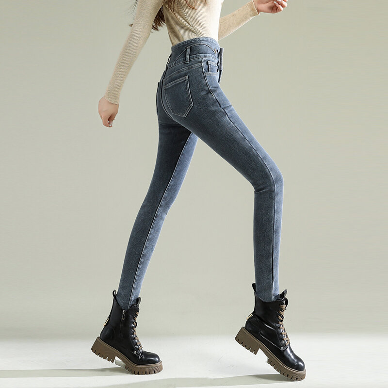 Elasticidade denim calças mulher lã inverno calça jeans feminino azul escuro simples manter quente coreano moda streetwear street wear yk2