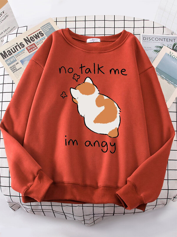Female Sweatshirts No Talk Me Cute Angy Cat Print Top Women Harajuku Oversize Long-Sleeve Kawaii Animal 2022 New Lady Sweatshirt