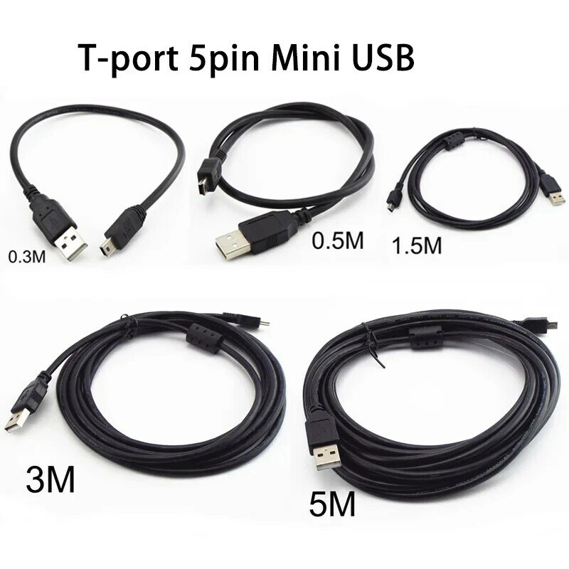 T-Port 5pin mini USB สายชาร์จข้อมูล0.3M 0.5M 1.5M USB 5M 2.0ที่ชาร์จความเร็วสูงสำหรับ MP3เครื่องเล่น MP4รถยนต์ DVR ดิจิตอลกล้อง D5