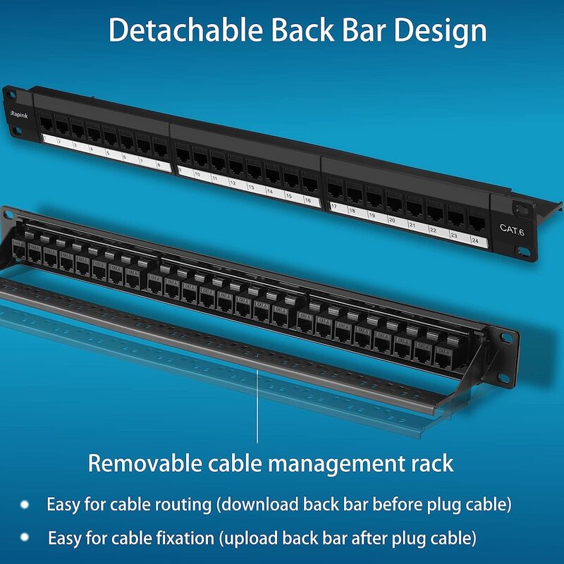 ZoeRax-Painel de remendo Keystone Inline com barra traseira removível, acoplador RJ45, 24 portas, Cat6, Cat6a, Cat7, 10G, 19"