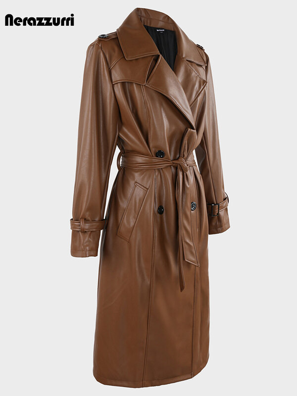 Nerazzurri-casaco de couro PU impermeável longo para mulheres, faixas trespassado duplo, roupas luxuosas e elegantes, marrom e preto, outono