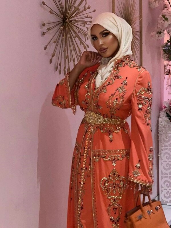 Caftan zroszony aplikacje suknie wieczorowe luksusowe cekiny suknia ślubna z długim rękawem muzułmańska marokańska suknia trapezowa Robe De Mariée