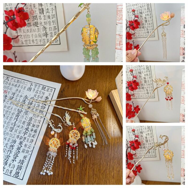 Flor de lótus-estilo chinês Hair Stick, Tassel clássico, Metal Hanfu, cabelo Chopsticks, garfo de cabelo, lanterna, Hair Stick, executar