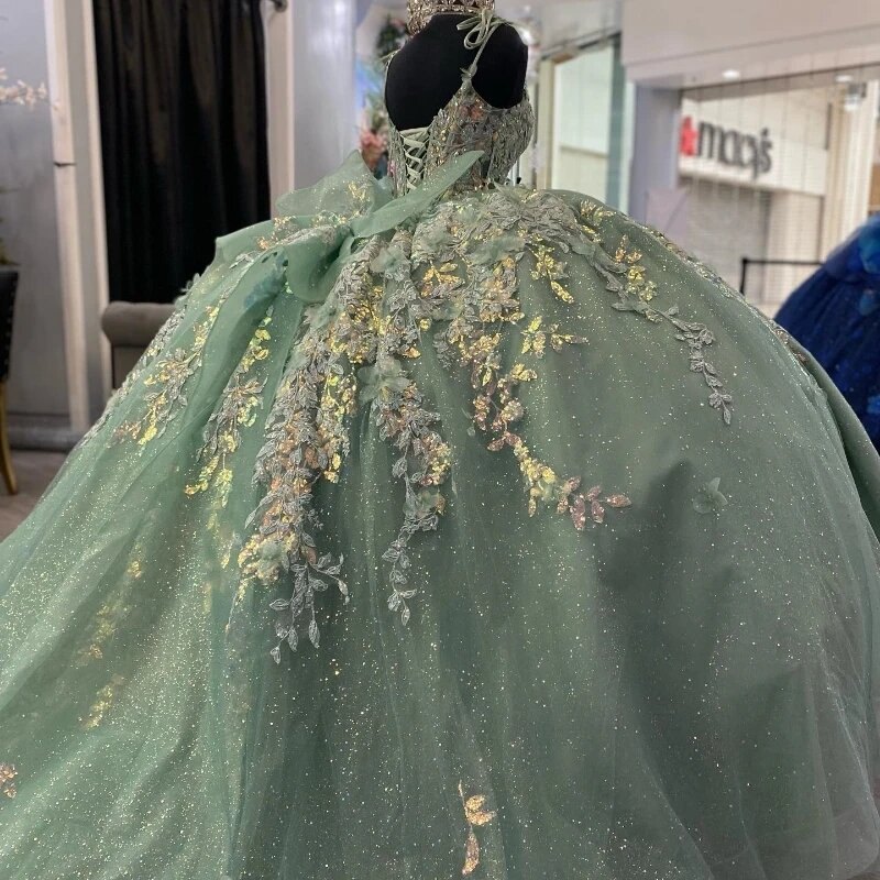 Mexikanische vestido de 15 anos salbei grün glänzend charro quince anera kleider spitzen applikationen korsett süß 16 kleid abiti da cerimonia