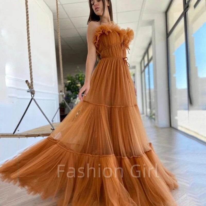 Elegant Brown Organza Dress A Line Tiered Pleated Dresses Robe Prom Gown Formal Evening Party Long Suitable Request Occasion
