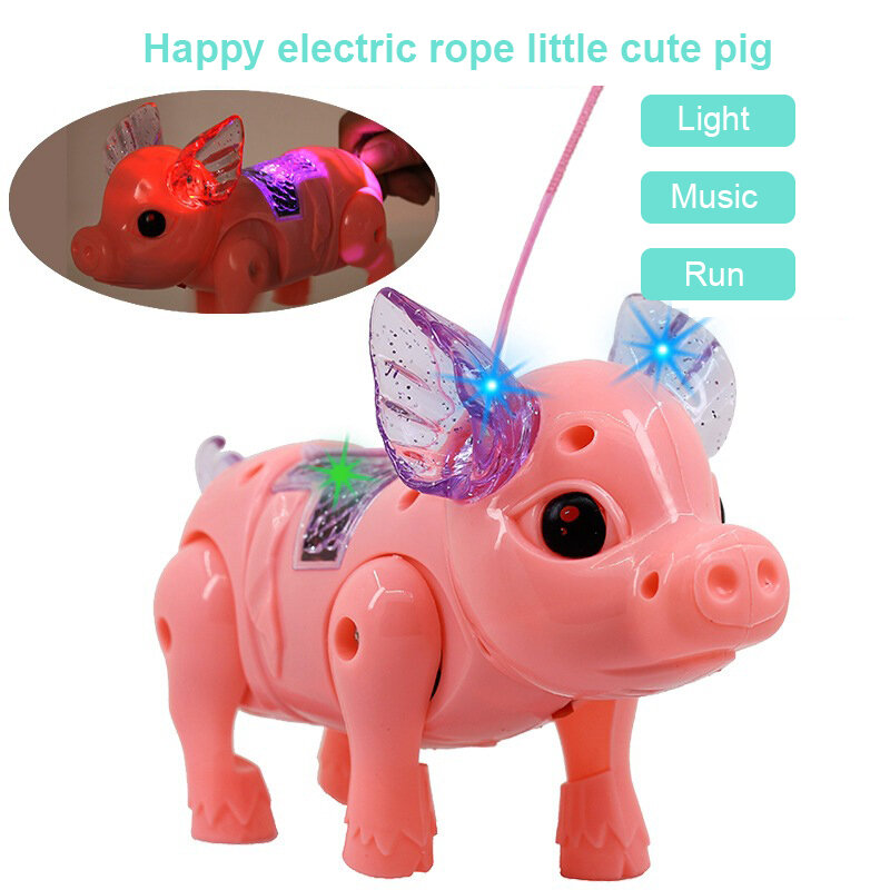 Baterai babi tali menarik elektrik, mainan babi tali menarik elektrik bertenaga bercahaya musik berjalan, mainan interaktif hewan peliharaan dengan lampu untuk hadiah anak-anak