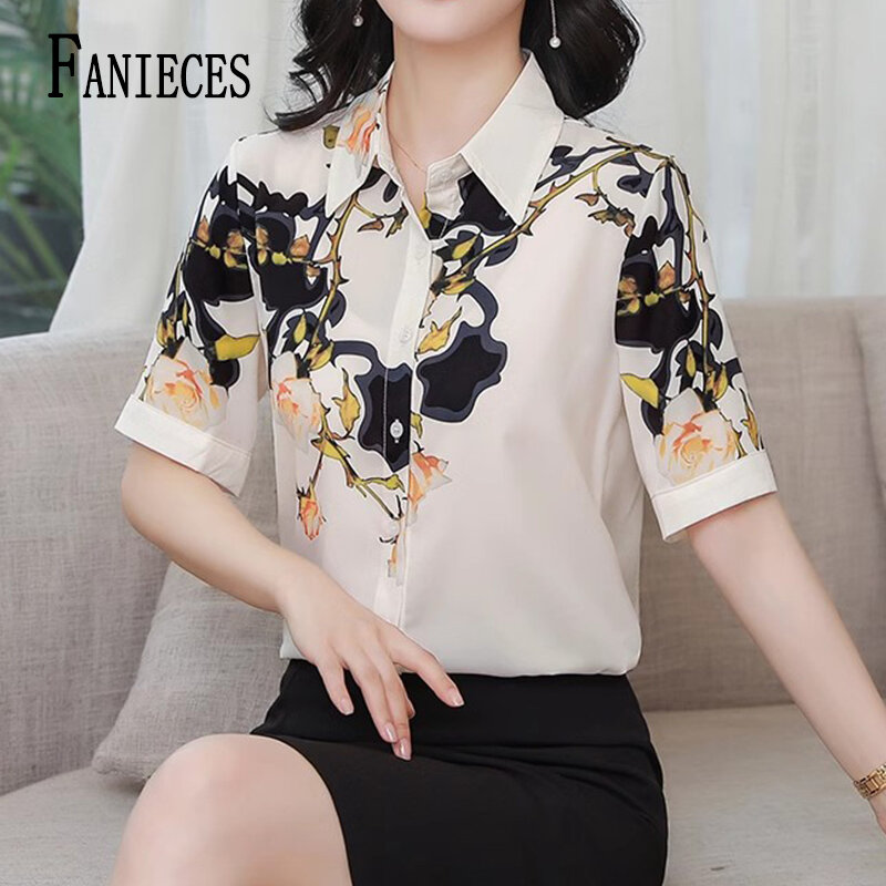 FANIECES 여성용 꽃 프린트 상의 티, 싱글 브레스트 블라우스, 라펠 넥 반팔, 시크한 레이디 셔츠