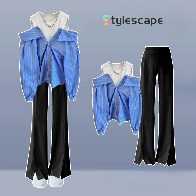 2024 New Spliced Stripe Fake Two Piece Off Shoulder Shirt Versatile High Waist Split Micro Ragged Pants Set for Women