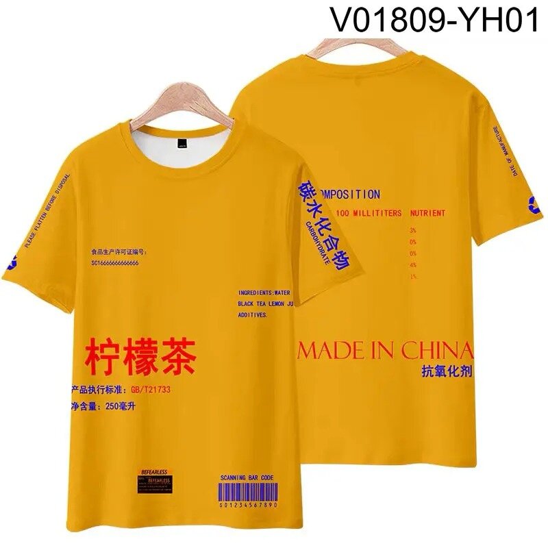 レモンティープリントの半袖Tシャツ,夏のファッション,ラウンドネック,人気のストリートウェア,2024