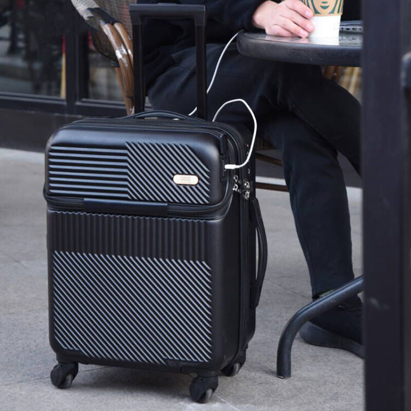 Nowy otwór z przodu walizka na pokład mężczyźni kobiety 20/24/26 cala lekki wózek bagaż podróżny moda USB ładowanie bagażu