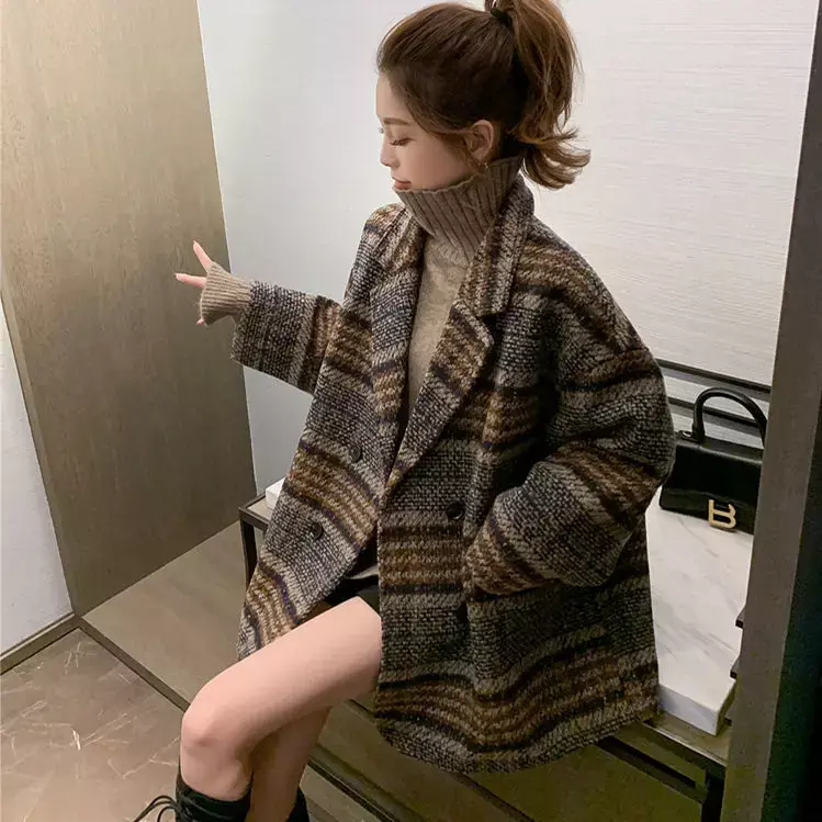 Outono inverno cashmere xadrez jaqueta feminina 2022 coreano solto duplo breasted jaqueta de algodão curto clássico do vintage marrom