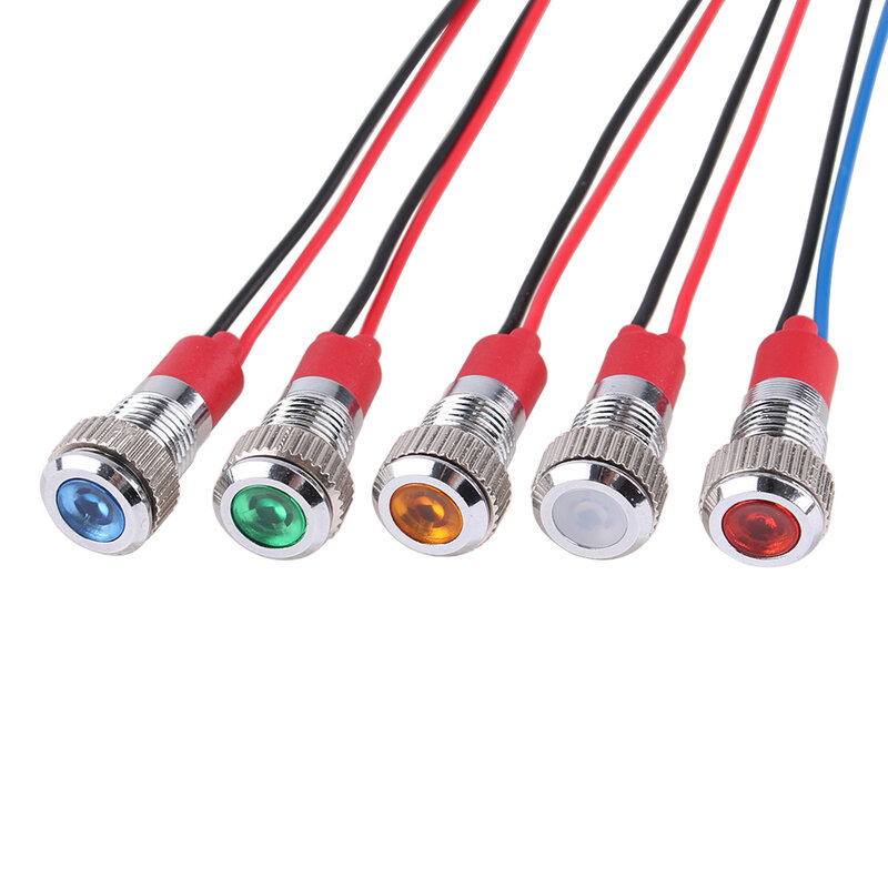 Luz indicadora LED de Metal de 8mm, lámpara de señal impermeable con 2 cables de montaje en Panel rojo, amarillo, azul, verde, blanco, 6V, 12V, 24V, 110V, 220V