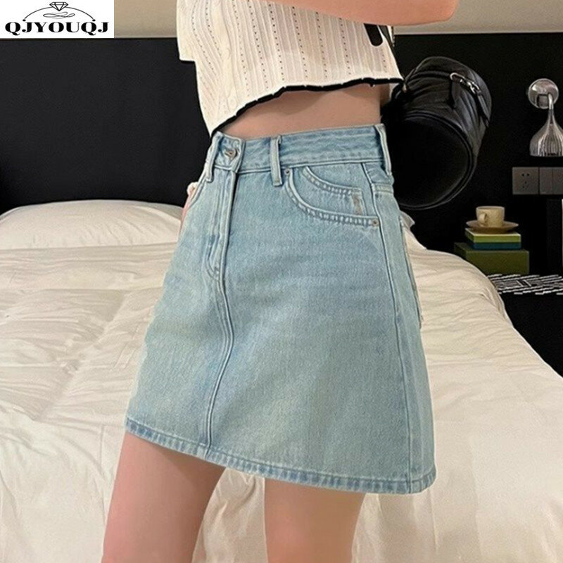 Denim Short Skirt 2024 Summer New Half Skirt Korean Version Slim and Versatile High Waist Light Blue A-line Wrapped Hip Skirt