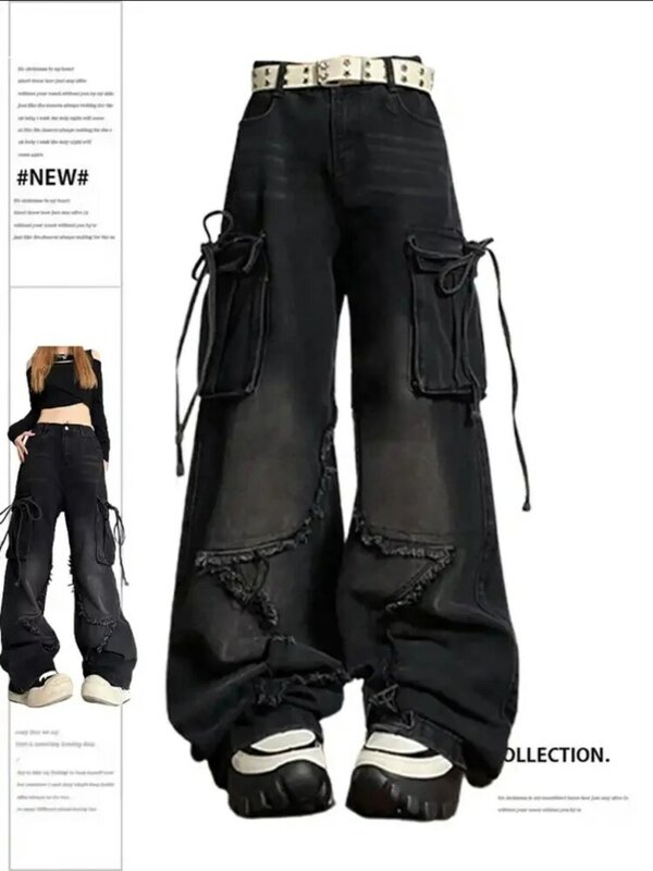 Qweek y2k Vintage Cargo Baggy Jeans Frauen Streetwear Star Patch Taschen Gothic Wide Leg Jeans Punk Harajuku Jeans hose 1920er Jahre