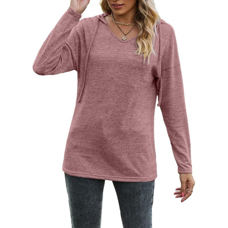 Women Long Sleeve Top V Neck Drawstring Hooded Women's Blouse Soft Breathable Mid Length Lady Hoodie for Fall Spring Soft