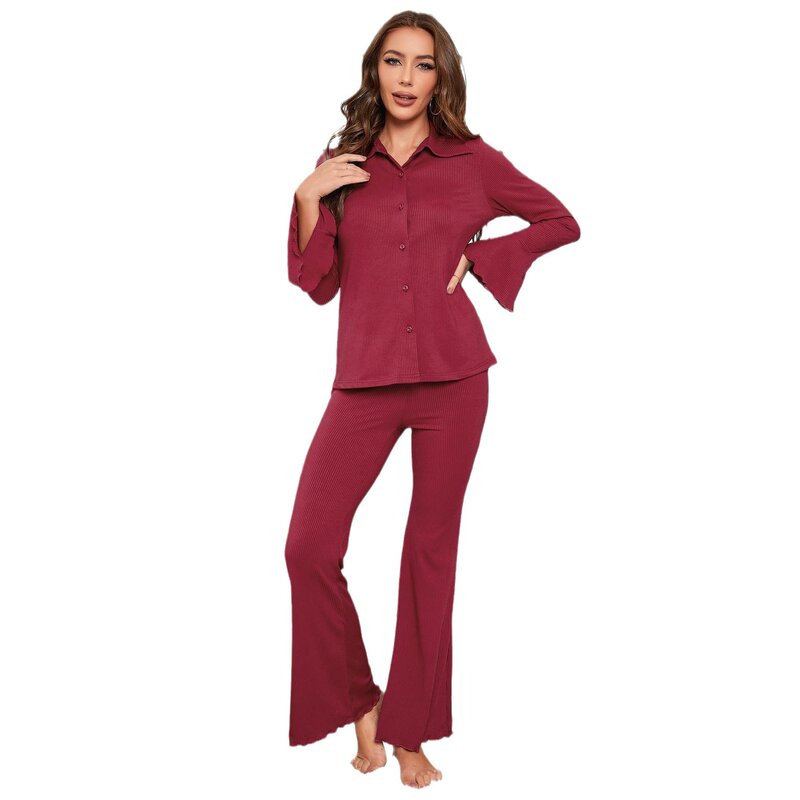 Conjunto de pijama vermelho feminino, pijamas para senhora, tops de mangas compridas, calças com fundo de sino, cardigã, roupas noturnas em casa, outono, inverno, novo, 2 peças
