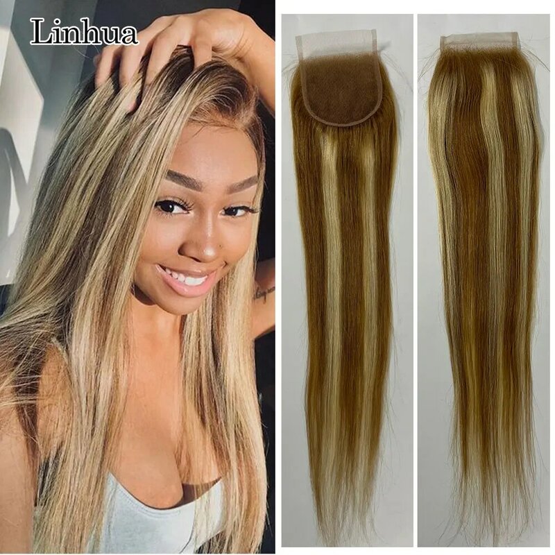 Llinhua Highlight P27/613 Water Wave Transparent Lace Clsoure 4x4 Body Wave Straight Human Hair Closure  Honey Blonde Color