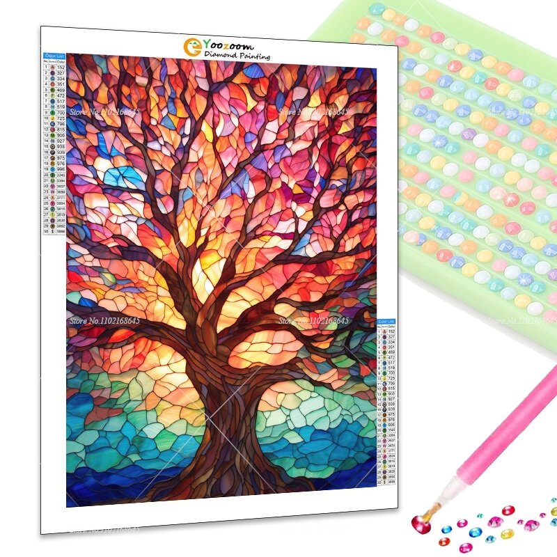 ภาพศิลปะ5D ด้วยเม็ดเพชรรูปต้นไม้หลากสีสันการตกแต่งบ้านภาพวาดด้วยศิลปะบนต้นไม้ทำจากแก้วสีพลอยเทียม