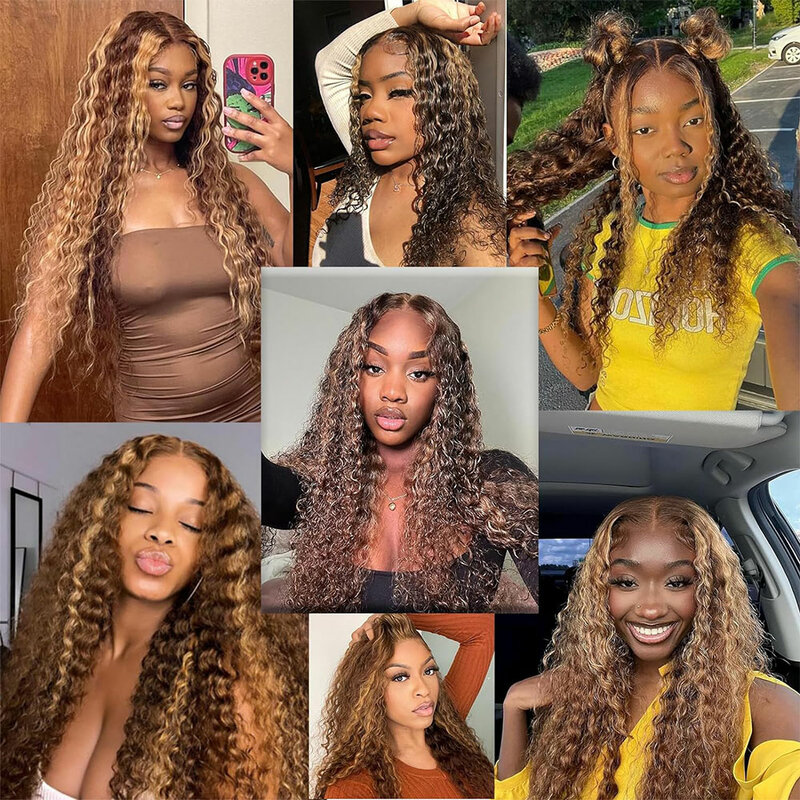 Linhua P4/27 Deep Wave Bundles Human Hair 8 to 30 Inch 1 3 4 Bundles Highlight Ombre Brown Honey Blonde Curly Hair Weave Weft