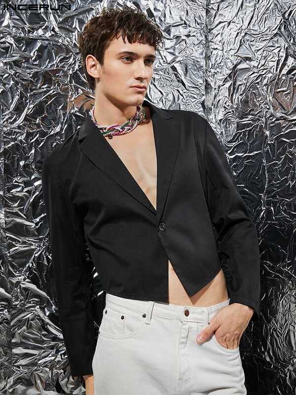 INCERUN 2023 moda męska nieregularne Blazer Lapel z długim rękawem jeden przycisk Casual w dłuższym stylu garnitury Streetwear osobowości męskie płaszcze
