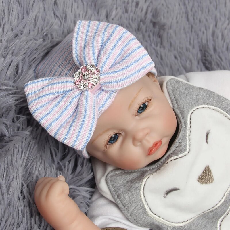 Large Diamond Bowknot Knitted Newborn Baby Girls Hat Toddler Comfy Bowknot Hospital Cap Beanie Hat Turban Soft Warm Striped Caps