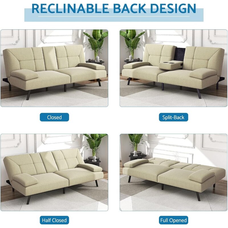 Tecido linho conversível Folding Lounge Couch, Modern Futon Sofá-cama, Daybed para sala de estar, 2 porta-copos