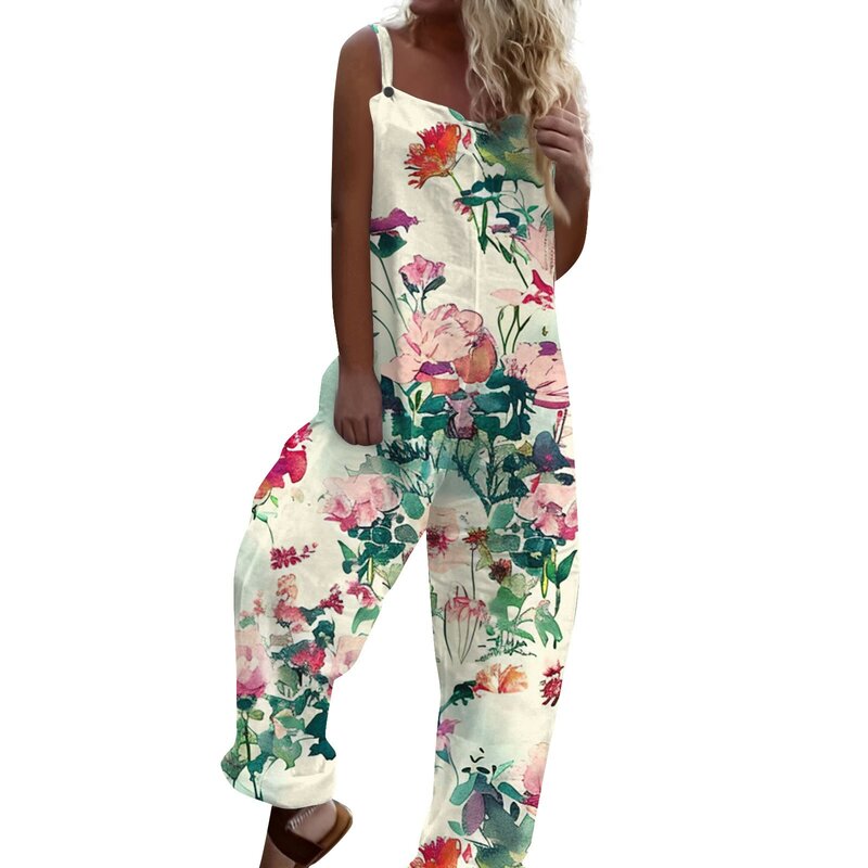 Women's Fashion Jumpsuits Summer Sweet Loose Casual Printed Retro Strappy Jumpsuit High Quality Vintage Pants monos para mujer