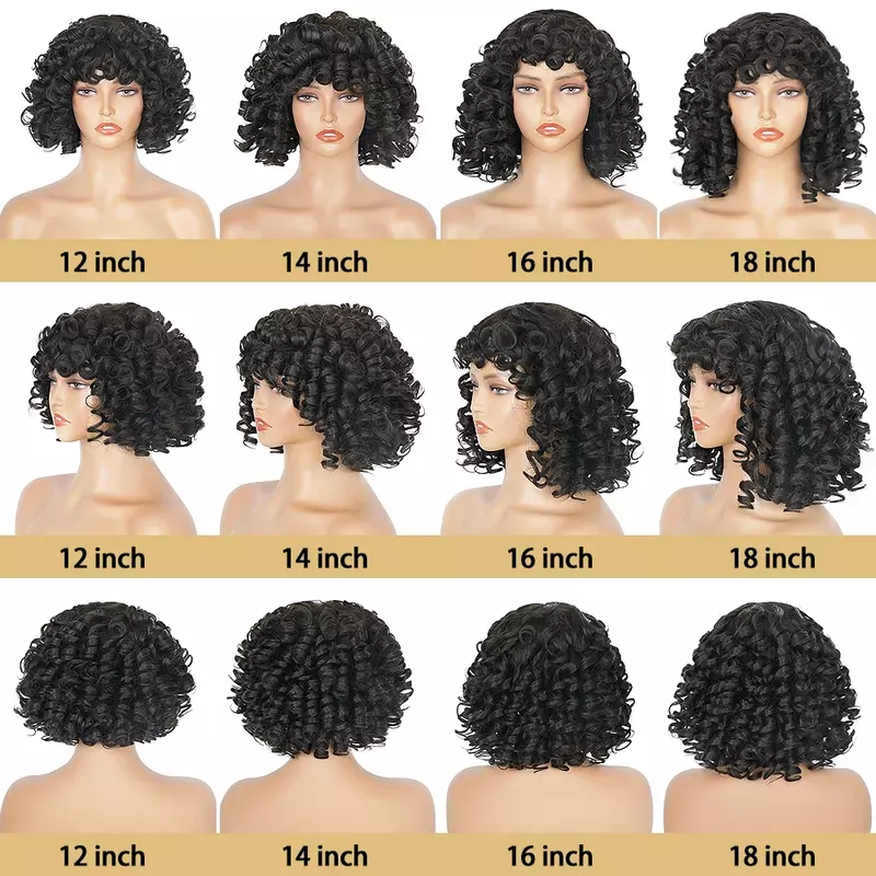Puszyste dmuchane kręcone ludzkie włosy peruki z grzywką perruques cheveux humains 180% gęstość loków Funmi peruka z krótkim bobem dla czarnych kobiet