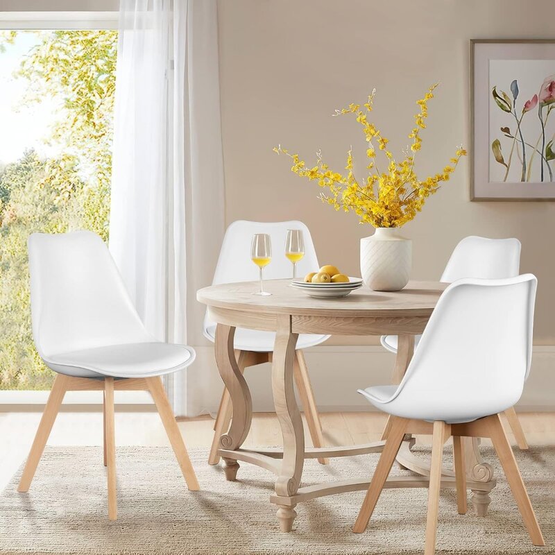 Conjunto de cadeiras de jantar de 4, moderna almofada de couro PU, cadeiras de cozinha, sala de estar, quarto, lounge ao ar livre, branco, meio século