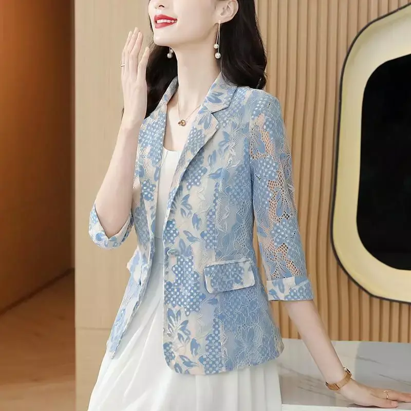 New Spring and Summer Fashion Commuting Simple Temperament Lace Hollow Out Jacquard Casual Versatile Women's Suit Blazer Z227