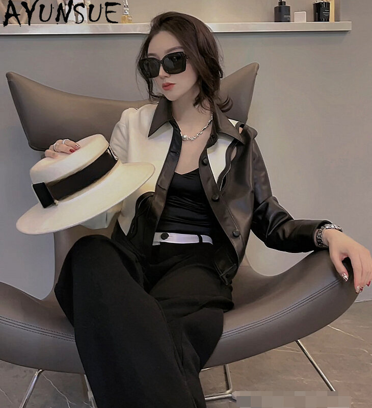 AYUNSUE Veste en cuir véritable peau de mouton pour femme, manteau en cuir véritable, vestes en cuir de style coréen, Streetwear