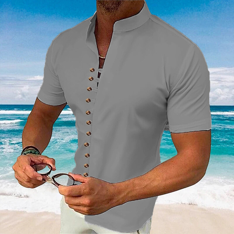 Męska nowa letnia modna, wysokiej jakości koszula z krótkim rękawem, jednorzędowa, jednokolorowa koszula z klapami w stylu angielskim