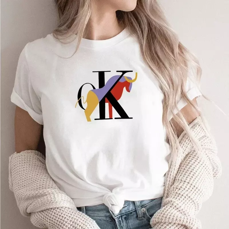 Camiseta estampada com letras grandes para mulheres, roupas Y2k de mangas curtas, moda clássica, camisa gola redonda, tops verão