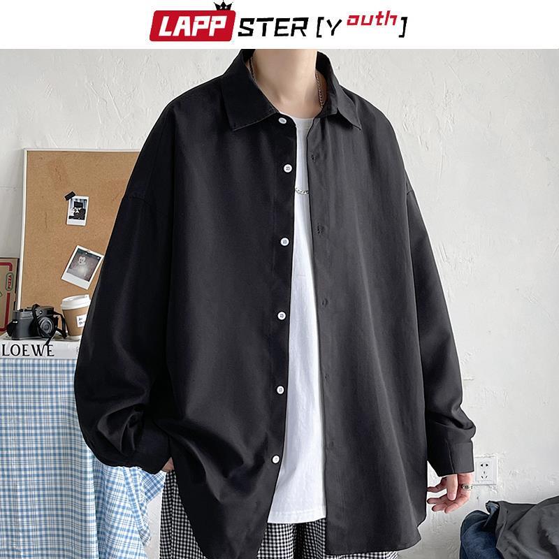 LAPPSTER-Youth 한국 패션 블랙 긴팔 셔츠, 2023 하라주쿠 블랙 오버사이즈 셔츠, 버튼업 블라우스, 5XL