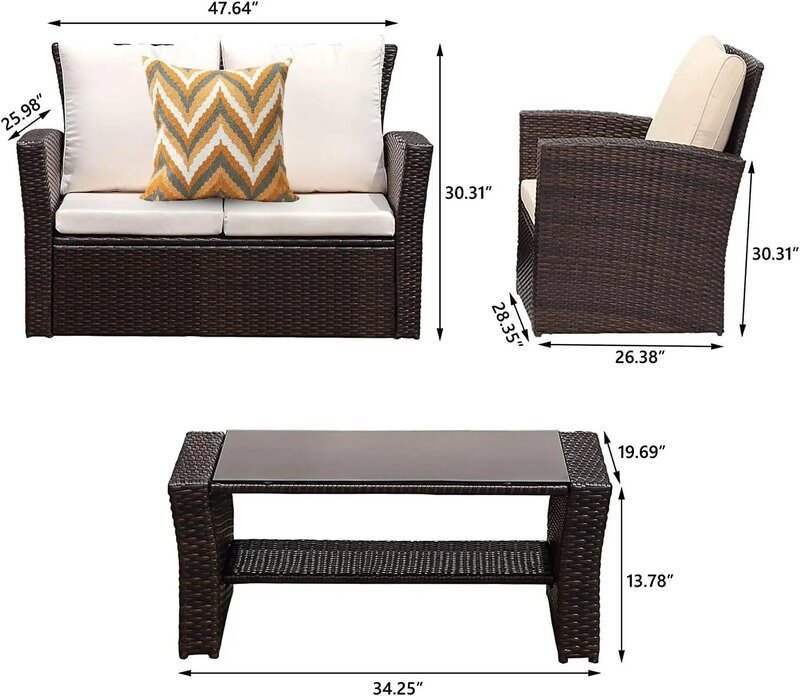4PCS Patio Furniture Sets, All-Weather Wicker Conversation Sets, Outdoor Rattan Sectional Sofa Chair with Cushions &Coffee Table